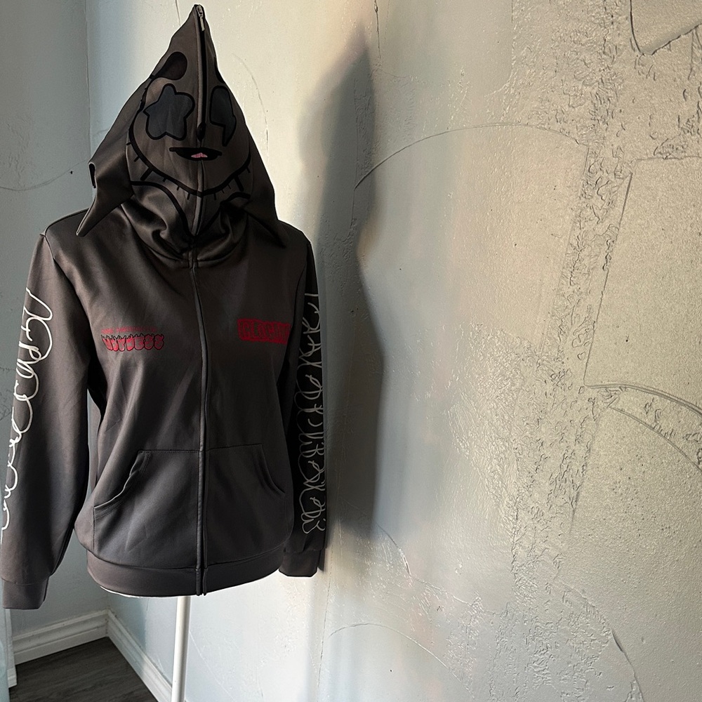 Glo Gang Inspired Full Zip Face Hoodie – Gray & Red Graphic - Picture 6 of 11